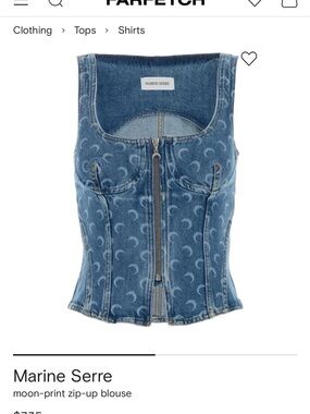 Marine Serre Blue Denim Moon-Print Zip Corset Top
